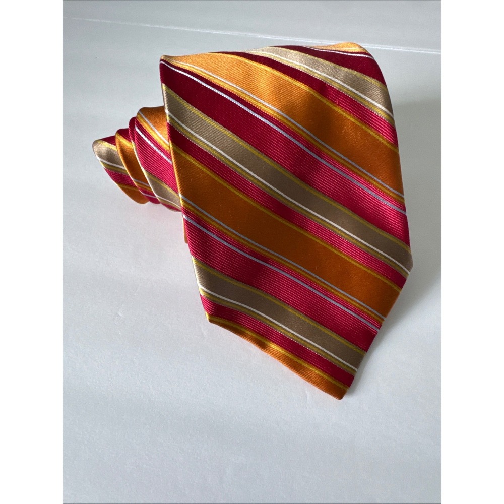 Ike Behar New York Mens Silk Tie Orange Red Gold Striped Hand Tailored USA